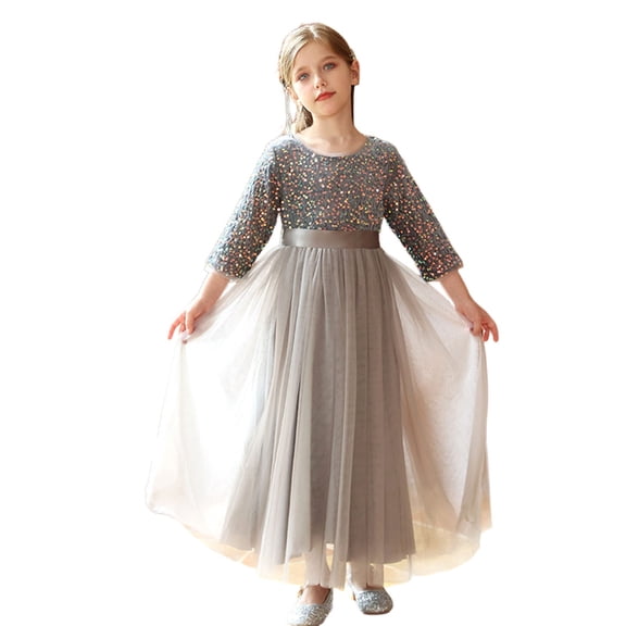 Byoo Little Girls' Long Sleeve Sequin Tulle Maxi Dress Solid Satin Waist Formal Gown Piano Recital Dresses for Child