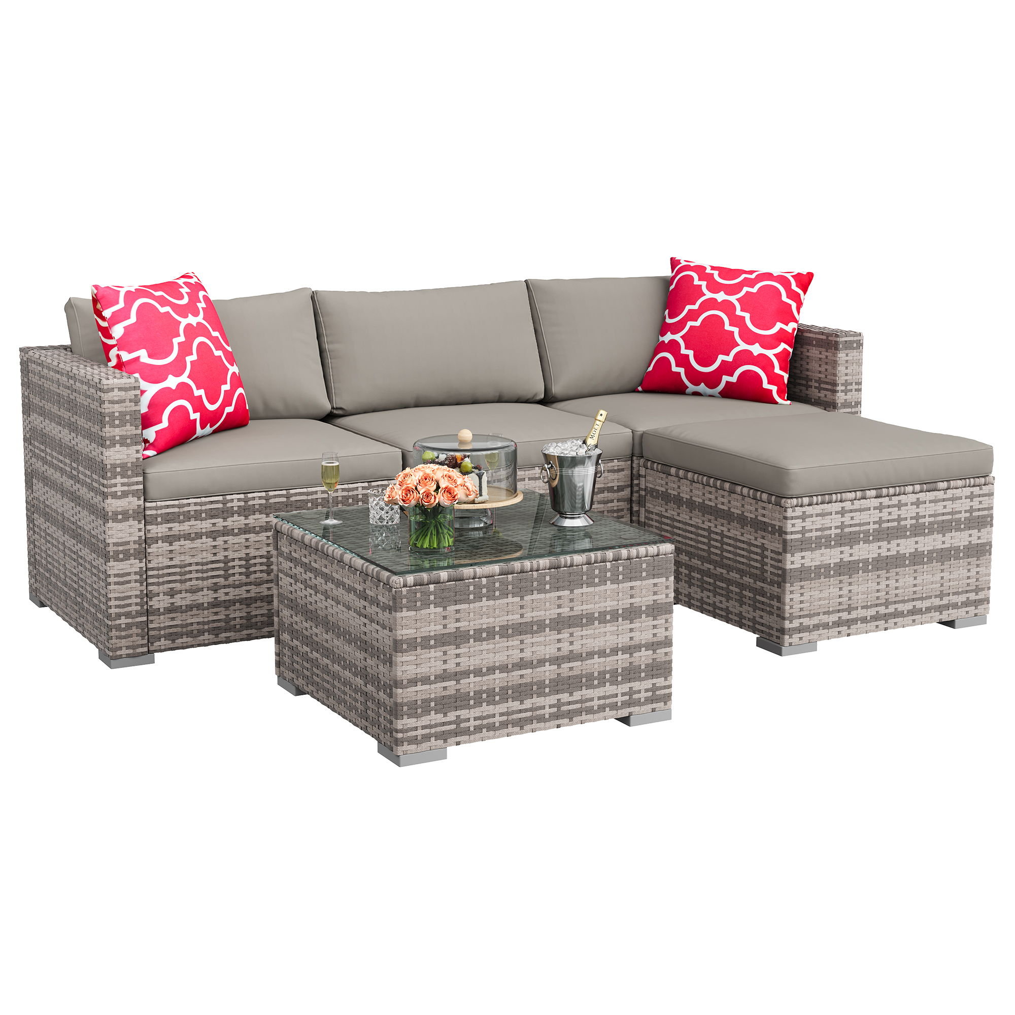 Modern 5-Piece Outdoor Patio Sofa Set – All-Weather PE Rattan Sectional with Ottoman and Glass Coffee Table – Light Gray Cushions & Red Floral Pillows – Ideal for Garden, Backyard, Poolside