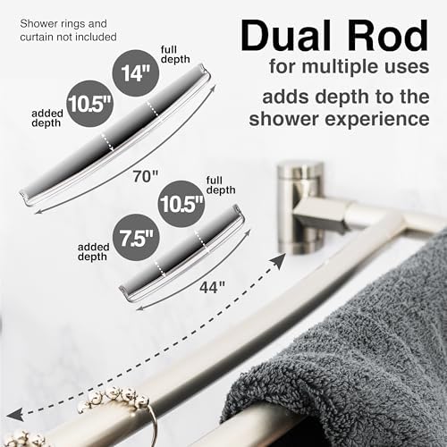 Double Curved Shower Rod, Metal Construction, Adjustable Between 44 to 70 Inches, Aluminum Rods and Zinc Mounting Hardware, Quality Modern Bathware, Brushed Nickel Finish
