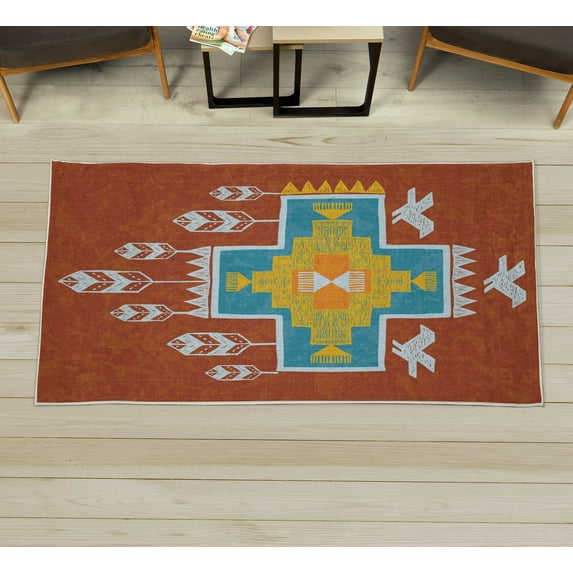 Tribal Decorative Rug, Hand Drawn Dreamcathcher Folkloric Birds Image Ethnic Ikat Design, Quality Carpet for Bedroom Dorm and Living Room, 6 Sizes, Redbrown Blue, by Ambesonne