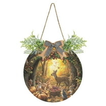 Thanksgiving Fairy Forest Front Door Porch Decoration Hanging Sign with Artificial Green Plants and Bow for Home Outdoor Indoor