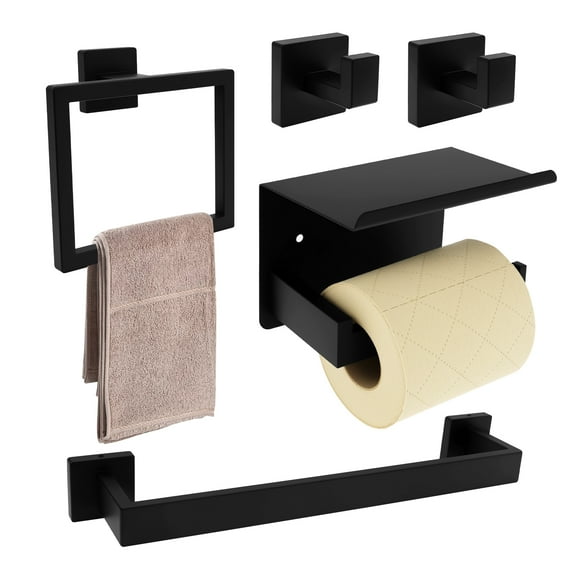 Dznils Matte Black Steel Bathroom Hardware Set, Towel Bar, Toilet Paper Holder, Towel Ring, 5 Piece
