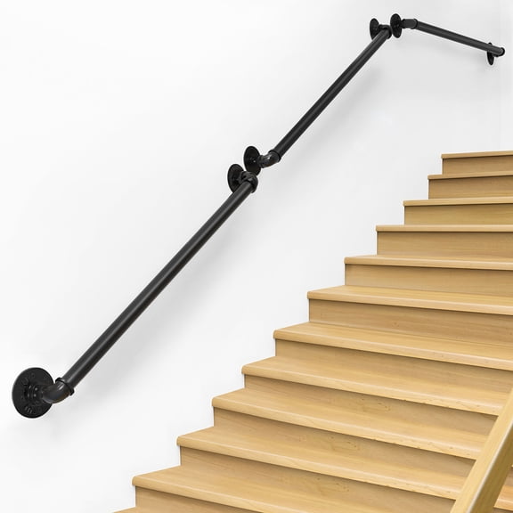 Industrial Pipe Stair Handrail, Black Metal Wall - Mounted Staircase Railing for Home, Loft, Farmhouse Safety & Decor
