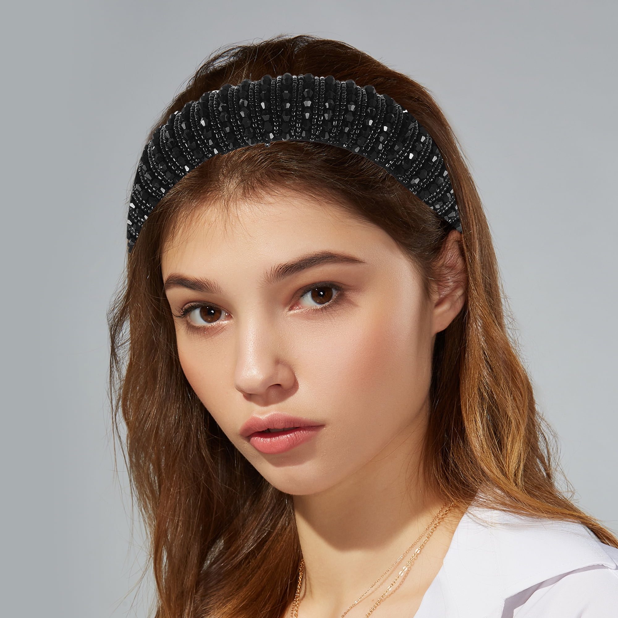 Unique Bargains Crystal Headband Rhinestone Hairband for Women 1.2 Inch Wide Black