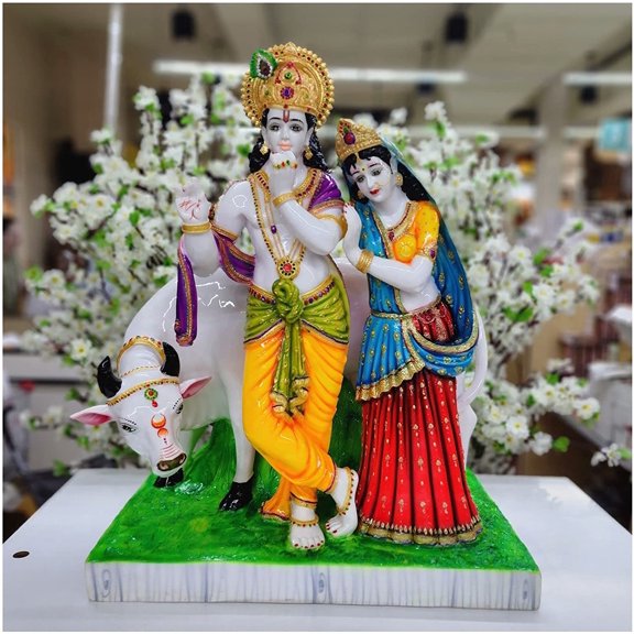 Radha Krishna with Cow Hindu God Goddess Statue Hindu Divine Couple Radha Krishna Idol Handmade Krishna with Radha Sculpture God of Love Indian Religious God for Home - AtoZ India Cart