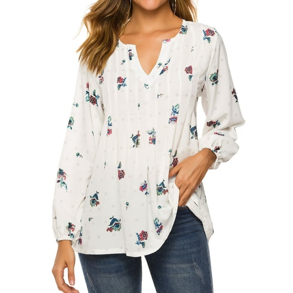 Nlife Women's V Neck Floral Print Pleated Blouse