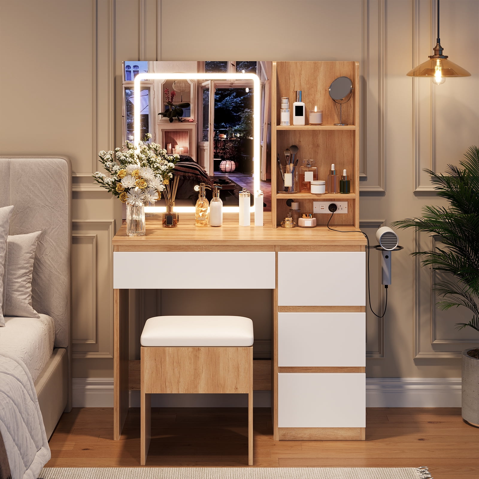 M optimized Vanity Desk with Mirror and Lights - Modern Makeup Dressing Table with Outlets, Storage Stool, 4 Drawers & Hair Dryer Holder - 3 Colors LED Vanity Mirror, Vanities for Bedroom