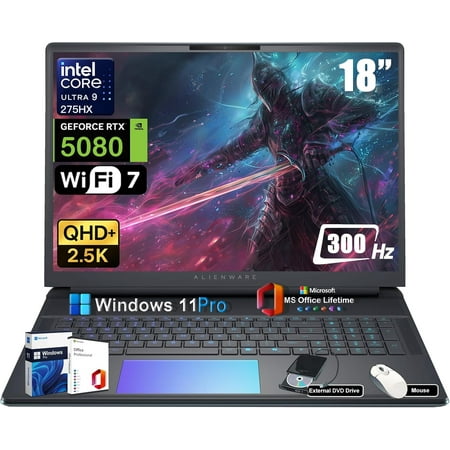 Alienware 18 Area-51 Gaming Laptop - Intel Core Ultra 9 275HX (24-Core), RTX 5080 GDDR7, 32GB DDR5, 1TB SSD, 18" 2.5K QHD+ 300Hz, Backlit KB, Windows 11 Pro, Office Lifetime