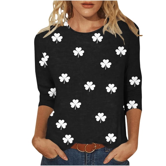 Women's Tops, Tees & Blouses Petite,Saint Patricks Day for Women Shamrock 3/4 Sleeve Shirt Funny Irish Graphic Tee Spring Party Tops