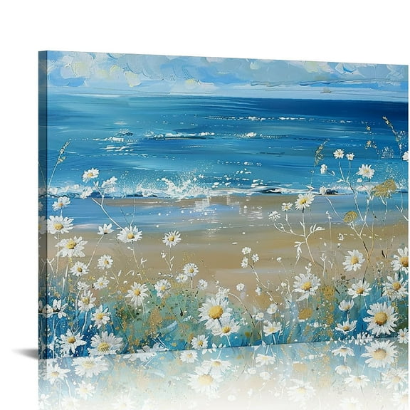 Shiartex Beach Abstract Art Canvas Flower Wall Art Blue and White Flower Canvas for Living Room Modern Abstract Coastal Picture Daisy Paintings Canvas Wall Art 20x16in