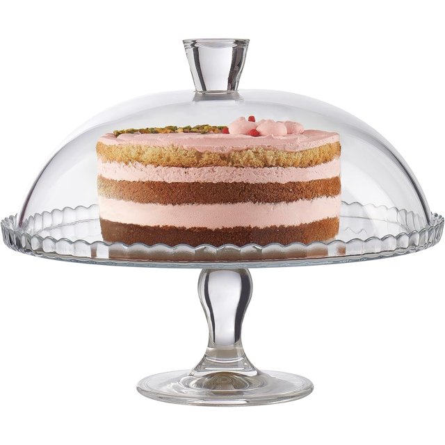 Soporte para tartas con tapa de cúpula, plato y cubierta de vidrio para servir desierto, expositor de pastelería con pies, plato decorativo de cocina de vidrio de 12.6 pulgadas de ancho