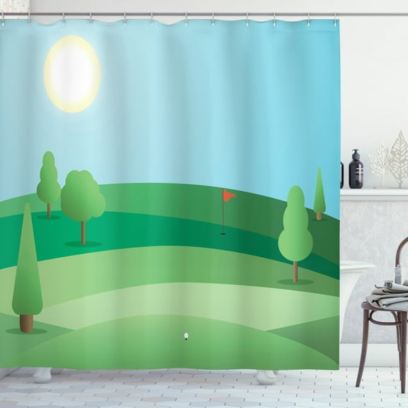 Golf Course Scene Shower Curtain, Interpretation of a Sunny Day Landscape with Trees Greenery, Fabric Bathroom Set with Hooks, 69W X 75L Inches Long, Green Blue Pale Yellow, by Ambesonne
