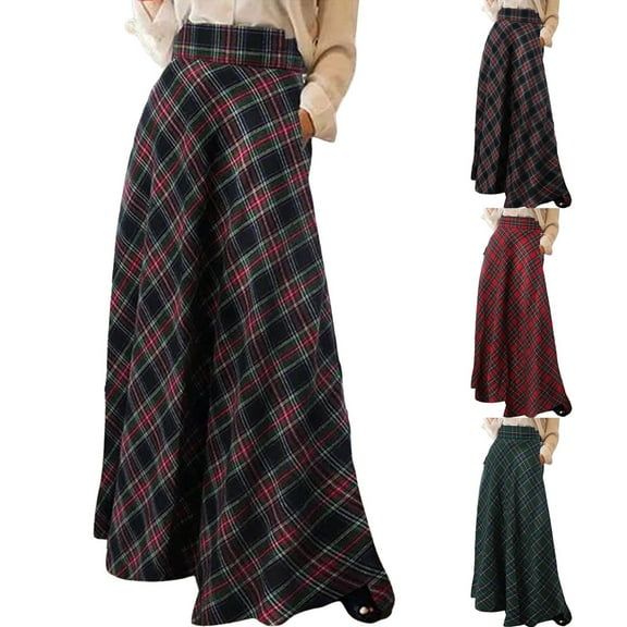 larppty Womens Vintage Plaid Maxi Skirt High Waisted Trendy Fall Casual A-Line Pleated Tartan Full Length Long Skirts Ladies（Green，XXXXL）