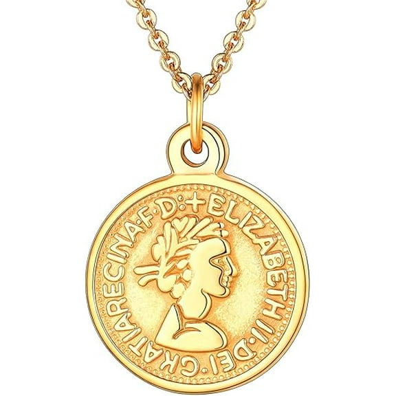 [Clearance] Queen Elizabeth 10 Pence Round Coin Pendant Necklace for Women Men Stainless Steel Two-Sided Carved Medallion Gold Plated Jewelry Gift on Clearance