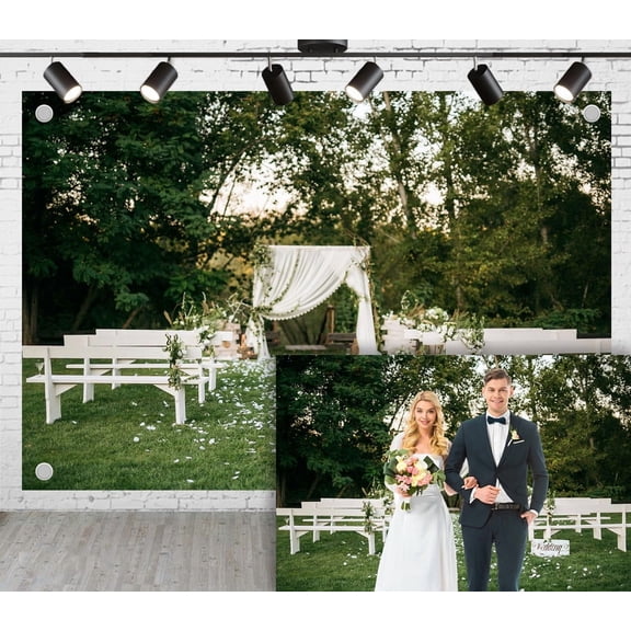 7x5ft Wedding Photoshoot Backdrop Forest Meadow White Tulle Bench Background For Engagement Proposal Birthday Party Decoration Outdoor Theme Video Studio Props