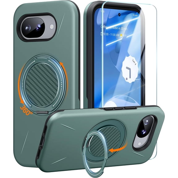 HCTian For Google Pixel 10A Case with Ring Holder Stand Kickstand, Dual Layer Shockproof Protective Cover with Screen Protector, Magnetic Accessory Friendly Google Pixel 10a Phone Case 6.3"