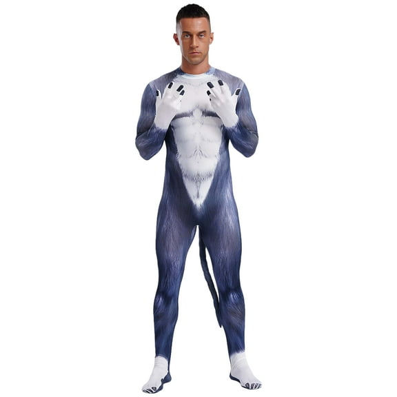 Mufeng Men Animal Cosplay Costume Full-body Jumpsuit Gloved Sleeve Bodysuit Catsuit for Halloween Type B 3XL
