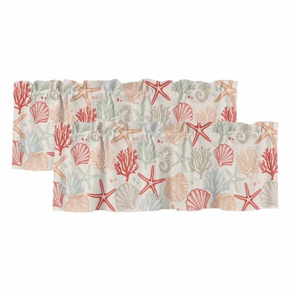 2 Pack Valances for Windows 42 x 12 Inch, Red Orange Coastal Decorative Kitchen Curtain Valance, Summer Beach Starfish Coral Nautical Rustic Rod Pocket Short Curtains Window Treatment for Bathroom