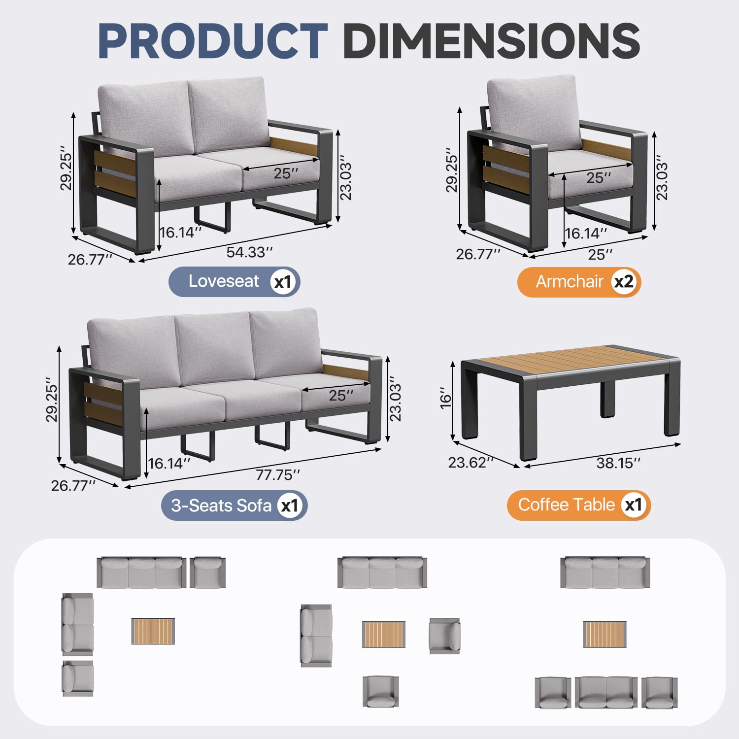 BaPiPro 5-Piece Aluminum Patio Furniture Set, Modern Outdoor Conversation Set with 3-Seater Sofa, Loveseat, 2 Armchairs & Coffee Table, All-Weather Light Gray Cushions for Backyard, Porch, Deck