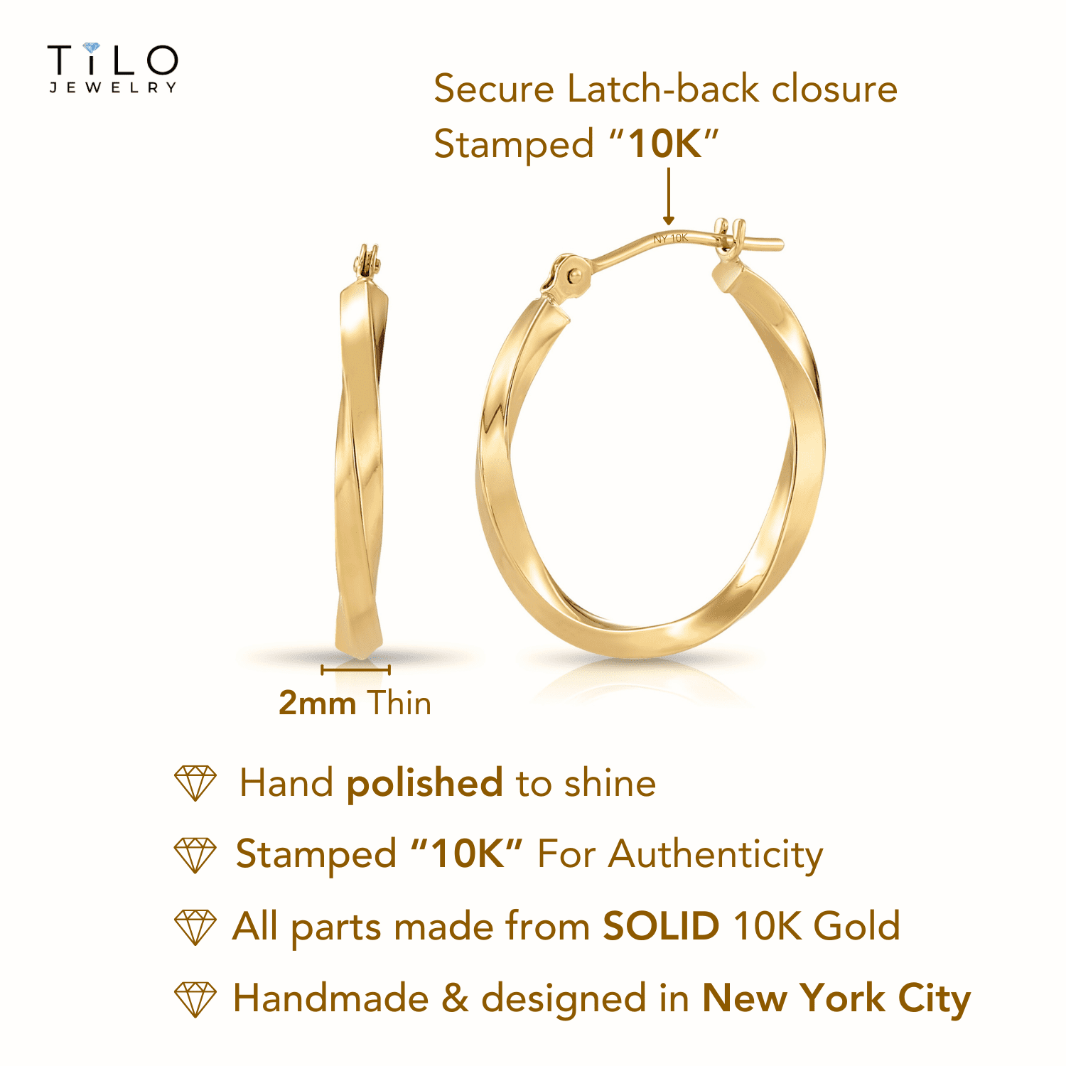 Tilo Jewelry 10K Yellow Gold Twisted Round Creole Hoop Earrings | 16mm | Everyday Earrings for Women & Unisex