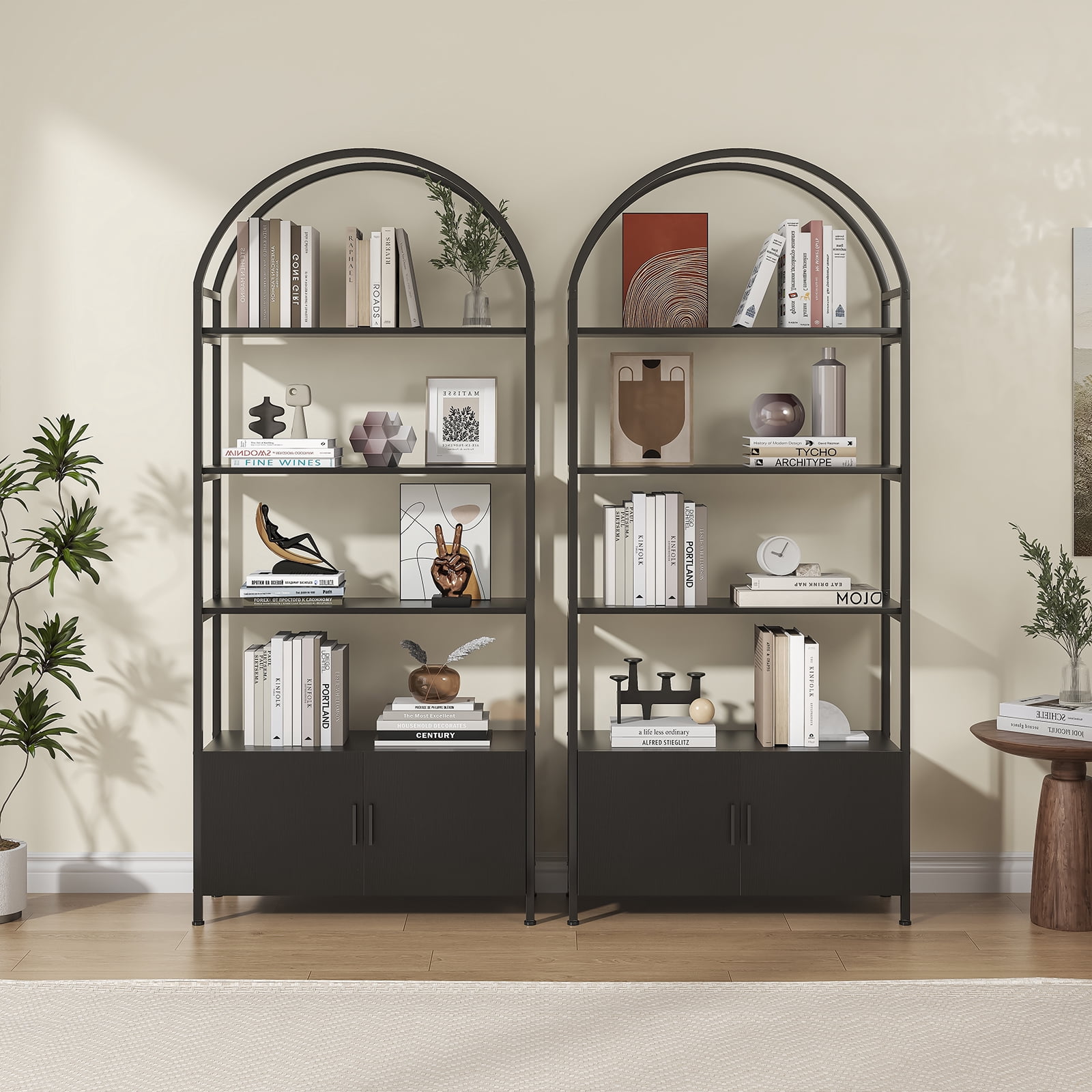 ModFurne Arched Bookcase with Doors,71" Tall Arched Bookshelf, 4-Shelf Open Display Bookshelf, Freestanding Storage Unit for Living Room/Office, Black