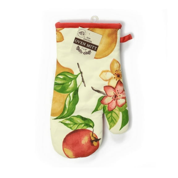 Oxford and Main 100% Premium Cotton Oven Mitt, 12 " Pot Holder Glove, Heat Resistant Baking Glove, Farmhouse Watercolor Design, Apples & Pears