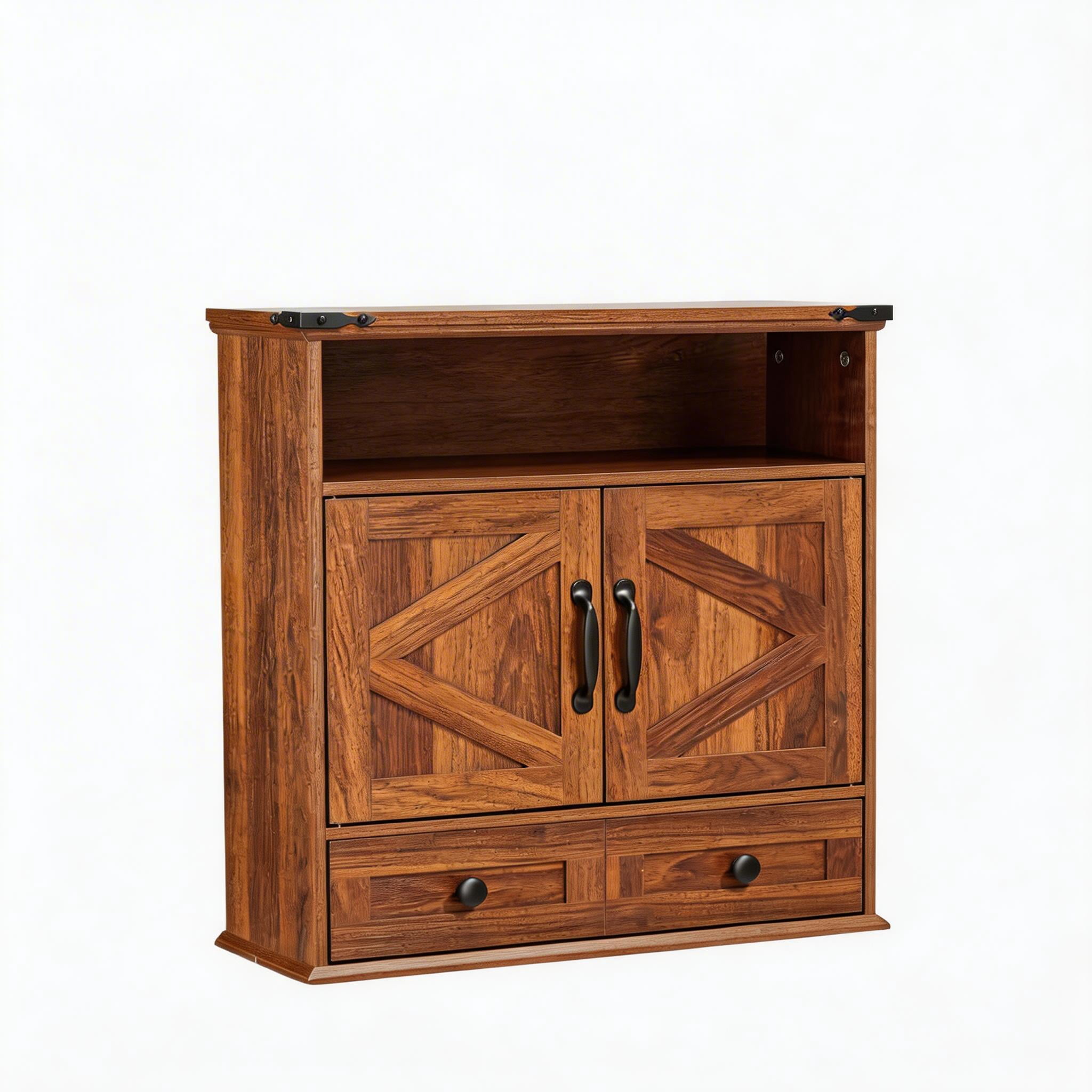 25" Wide Wall-Mounted Bathroom Cabinet with Barn Doors, Over-Toilet Storage with Adjustable Shelf & Drawer, Hanging Cabinet for Bathroom, Kitchen, Laundry, or Entryway