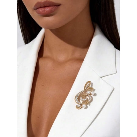 Yellow Gold Retro Minimalist Music Note Faux Pearl Brooch For Womens Suit Dress Accessory