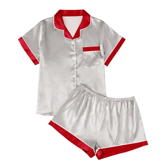 SYMOID Womens Silver Silky Pajama Set - Short Sleeve & Shorts, 100% Polyester Button Down with Contrast Trim, Inclusive Sizes S-XXL for Sleep & Lounging,Size M