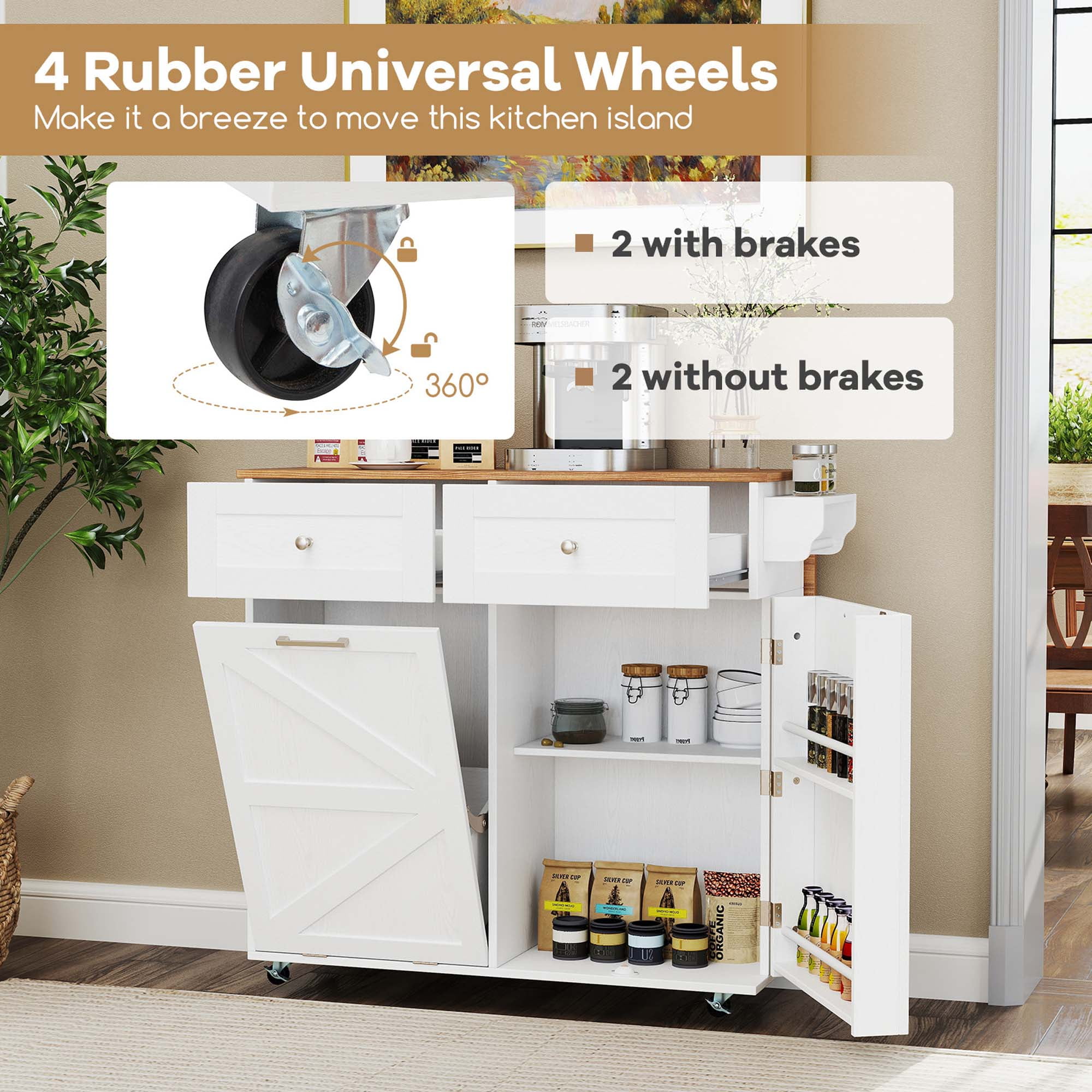 Costway Rolling Kitchen Island Kitchen Island Cart with Drop Leaf Trash Can Cabinet White