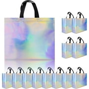 Glossy Iridescent Gift Bags 12 Pcs, 12.6x4.7x11 In Non-woven Reusable Goodie Bags Bulk, with Black Handles, Christmas Gift Bags for Birthday, Wedding, Holiday Party