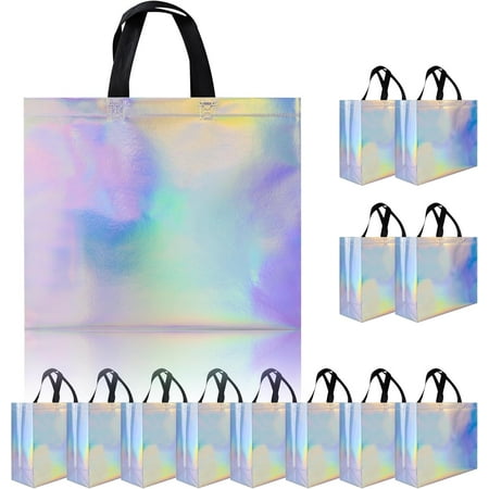 Glossy Iridescent Gift Bags 12 Pcs, 12.6x4.7x11 In Non-woven Reusable Goodie Bags Bulk, with Black Handles, Christmas Gift Bags for Birthday, Wedding, Holiday Party