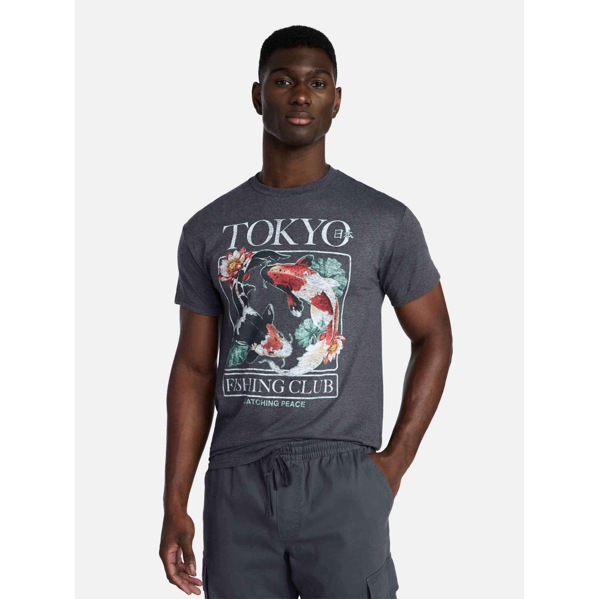 Humor Men's and Big Men's Tokyo Fishing Club Graphic Tee with Short Sleeves, Size S-3XL