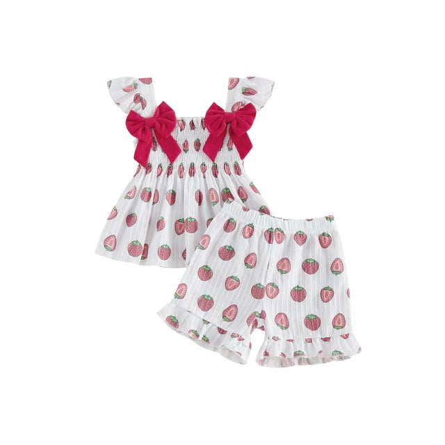 Little Girls 2 Piece Outfits Sweet Strawberry Print Flying Sleeve Tops and Shorts Set
