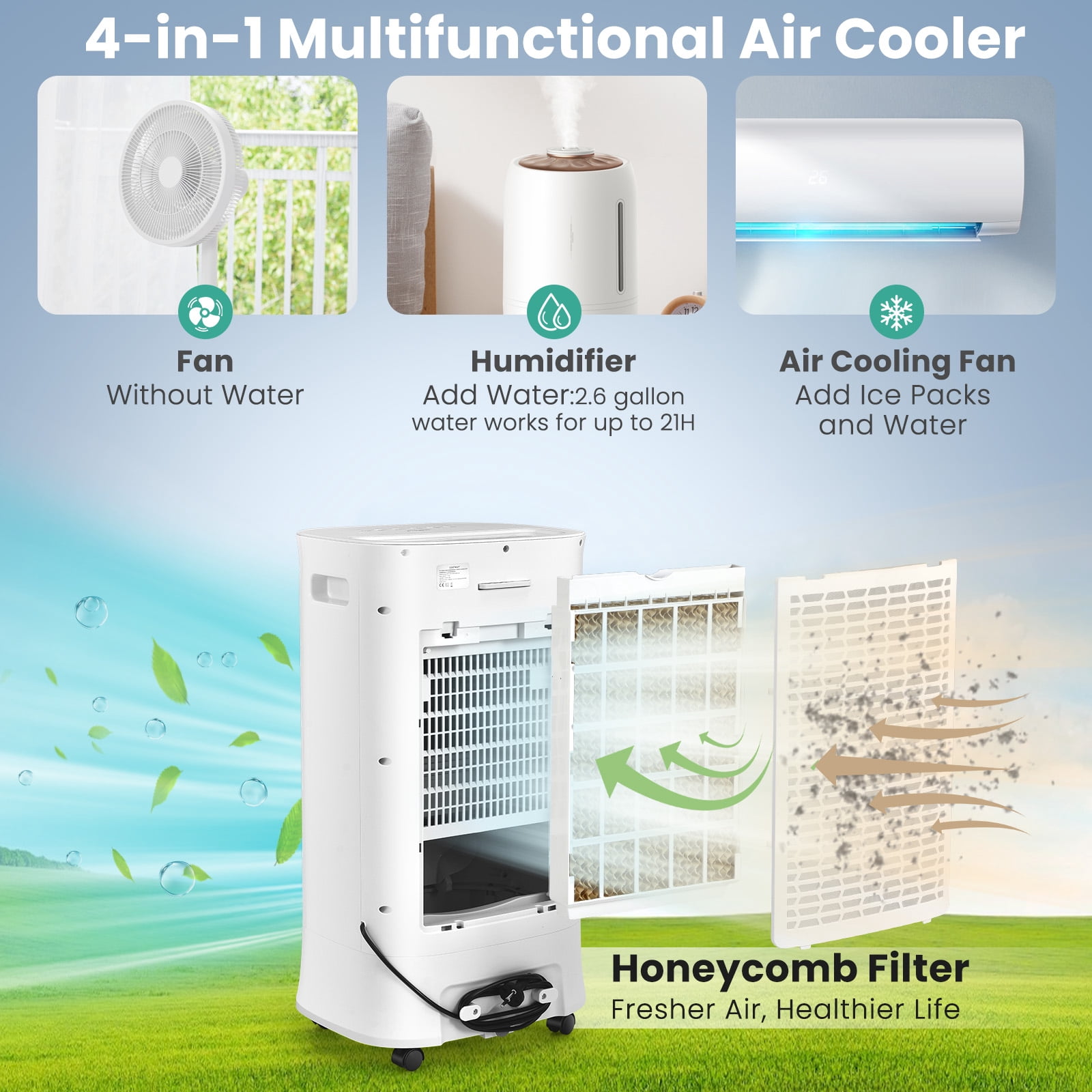 Giantex 3-in-1 Evaporative Air Cooler, Portable Oscillating Swamp Cooler w/ 3 Modes & 2 Ice Packs, Air Cooler for Room Home Office