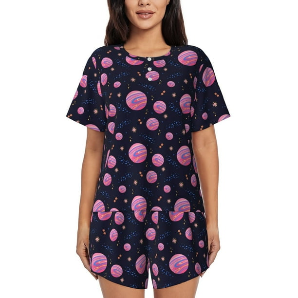 Fotbe Pink Planets And Stars Conjunto de Pijama Estampado para Mujer, 2 Piezas, Ropa de Dormir con Camiseta de Manga Corta y Shorts Suaves-Medium