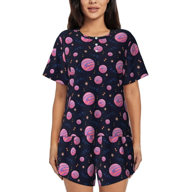 Fotbe Pink Planets And Stars Conjunto de Pijama Estampado para Mujer, 2 Piezas, Ropa de Dormir con Camiseta de Manga Corta y Shorts Suaves-Small