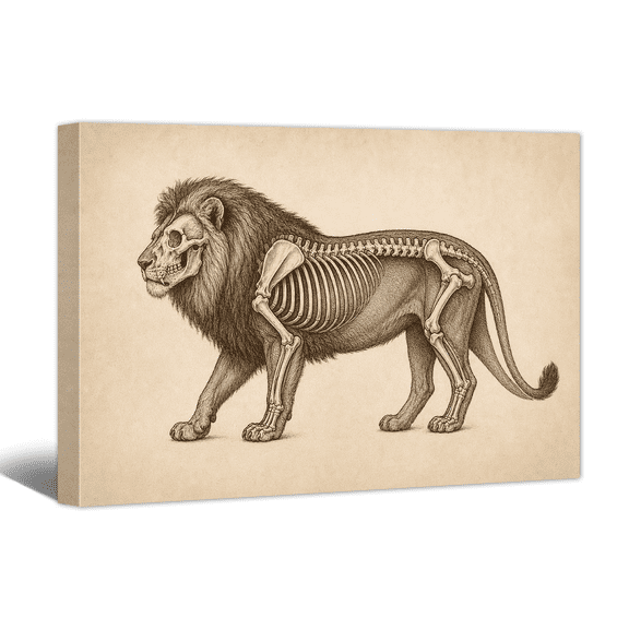 Rustic Lion Illustration Canvas Wall Art Animal Skeleton Picture Print, Vintage Neutral Artwork Minimalist Painting for Bathroom, Home, Living room Decor