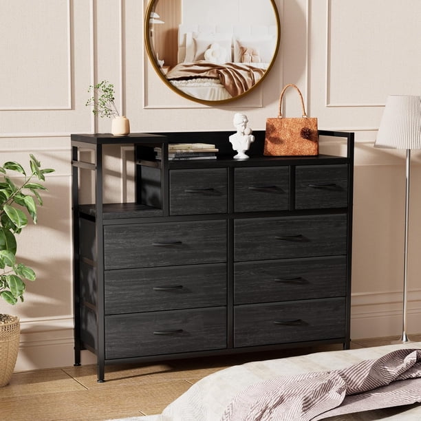 Negra willow mesa de tv: de anchura con estación de carga y abiertos estante, 9 - cajón dormitorio cómoda para sala de estar mesa de TV con grande almacenamiento