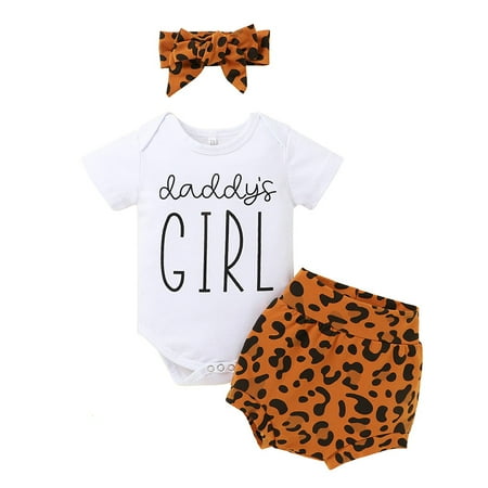 

GRNSHTS Infant Baby Girls daddy’s girl Short Sleeve Bodysuit Romper Leopard Shorts Headband Set (Brown 3-6 Months)