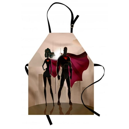 Superhero Apron Super Woman and Man Heroes in City Fighting Crime Hot Couple in Costume, Unisex Kitchen Bib Apron with Adjustable Neck for Cooking Baking Gardening, Beige Brown Magenta, by