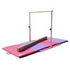 Junior PRO Gymnastics Kip Bar w/ 10'x4'x2" Tumbling Folding Mat and 8' Balance Beam | Adjustable (3'- 5') Training Horizontal Bar Beech Wood - Pink