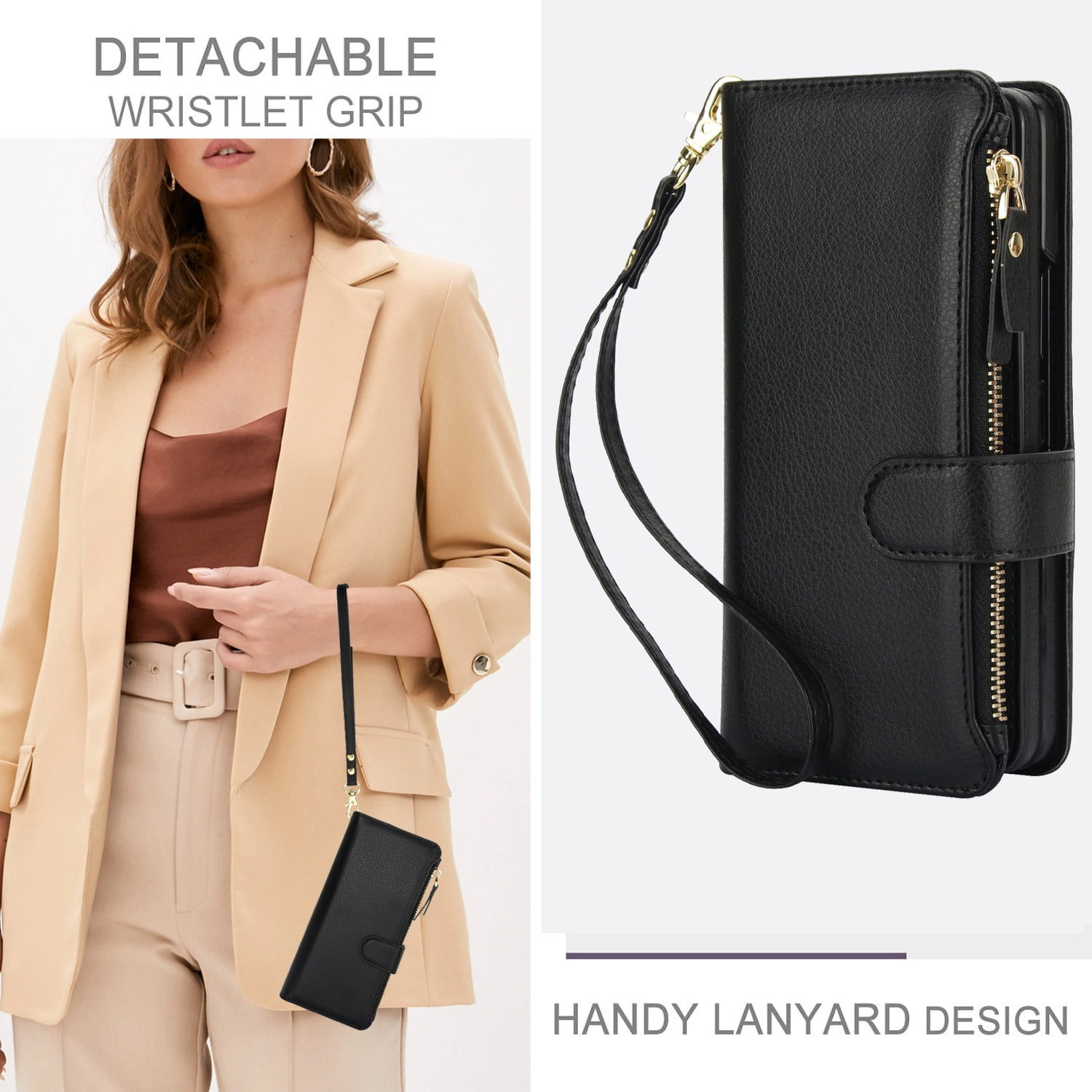 for Samsung Galaxy Z Fold 3 Wallet Case with S Pen Holder, Magnetic Closure with RFID Blocking ID Card Slots Zipper Purse PU Leather Flip Kickstand Lanyard Phone Case,Black
