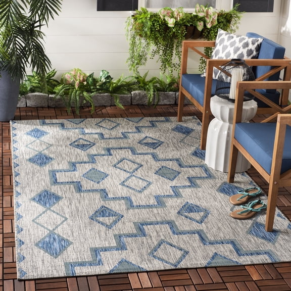 SAFAVIEH Courtyard Floella Geometric Indoor/Outdoor Area Rug, Grey/Aqua, 5'3" x 7'7"