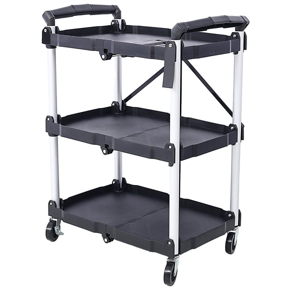 3 Layers Folding Collapsible Service Cart Pack-N-Roll Folding Collapsible Service Cart, Black, 50 Lb. Load Capacity per Shelf,