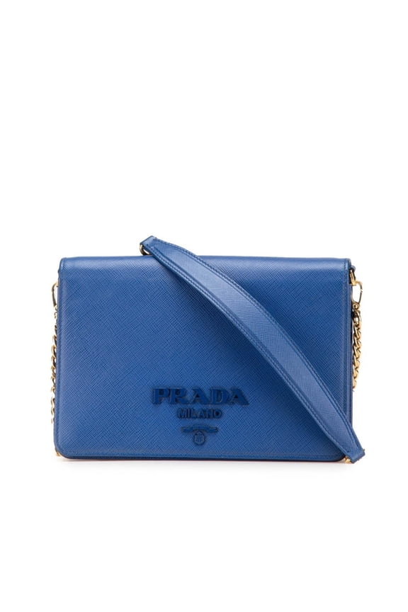 Pre-Owned Prada Chain Shoulder Wallet Bag 1BP012 Blue Saffiano Leather Women's PRADA