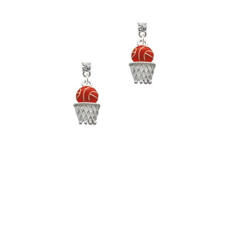 Silvertone Basketball - Over Hoop Clear Crystal Post Earrings