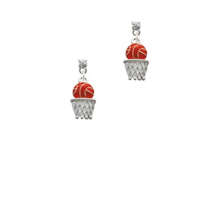 Tear Hoop - Silvertone Basketball - Over Hoop Clear Crystal Post Earrings