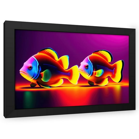 Stephen Chambers 24x17 Black Modern Wood Framed Wall Art Titled - Unreal Neon Two Clownfish