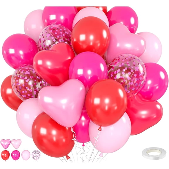 Hot Pink and Red Balloons, Heart Balloon with Confetti Balloons for Valentines Day Party Decorations
